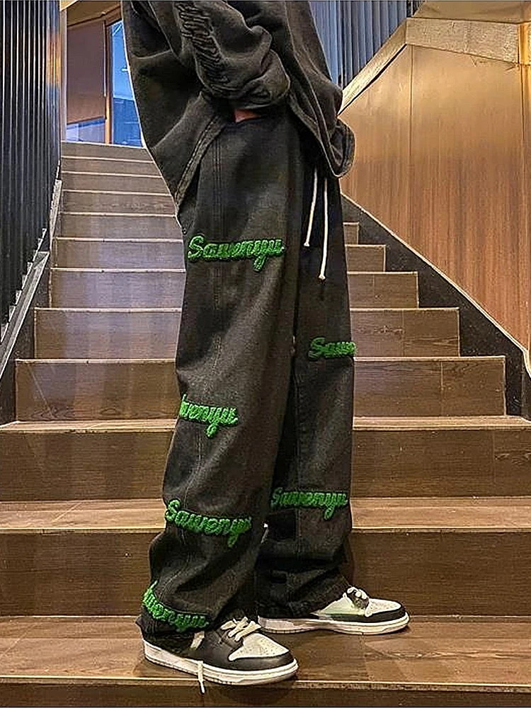 Flocked Letter Print Jeans Men's Trendy High Street Casual Elastic Waist Straight-leg Pants Style Fashion Men Trousers Men Pants