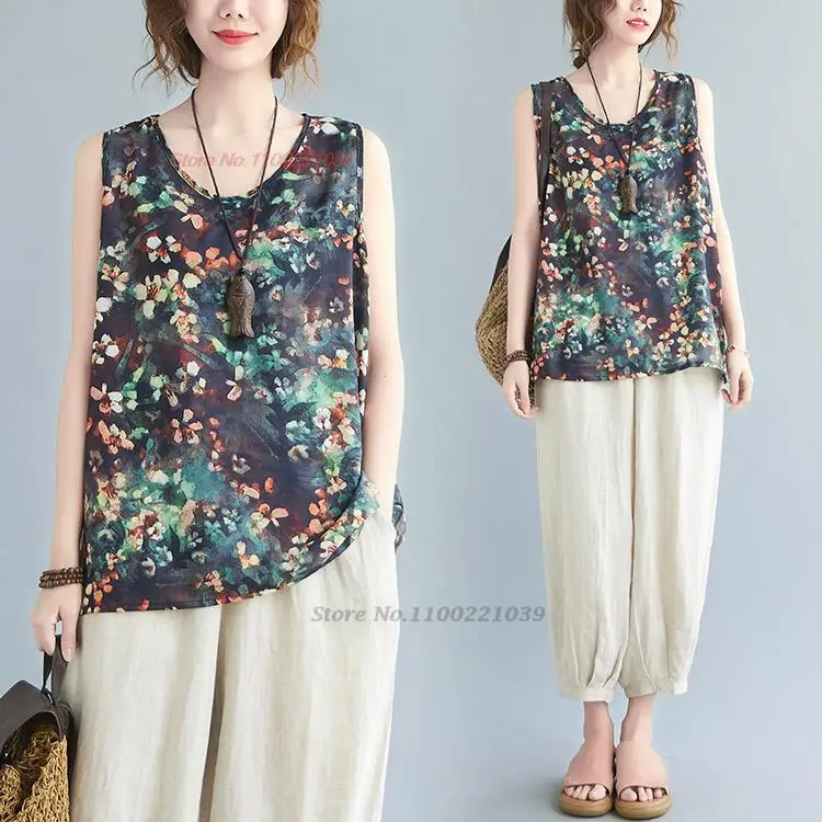 

2023 traditional chinese women retro camisole national flower print cotton linen vest oriental ethnic tanks feminino streetwear