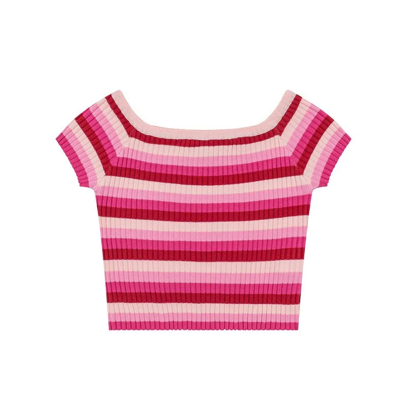 

Women's tops clothes summer new trends Slim knitted rainbow stripes color sweater sweater sexy Y2K retro short-sleeved T-shirt