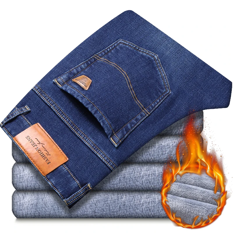Winter Men's Fleece Black Blue Jeans 2020 New Business Casual Warm Thicken Slim Fit Stretch Denim Trousers Male Brand Pants