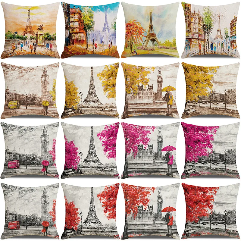 

Watercolor Printing Maple Leaf Eiffel Tower Pillow Case Back Cushion Cover Pillow Case Car Sofa Cushion Cover
