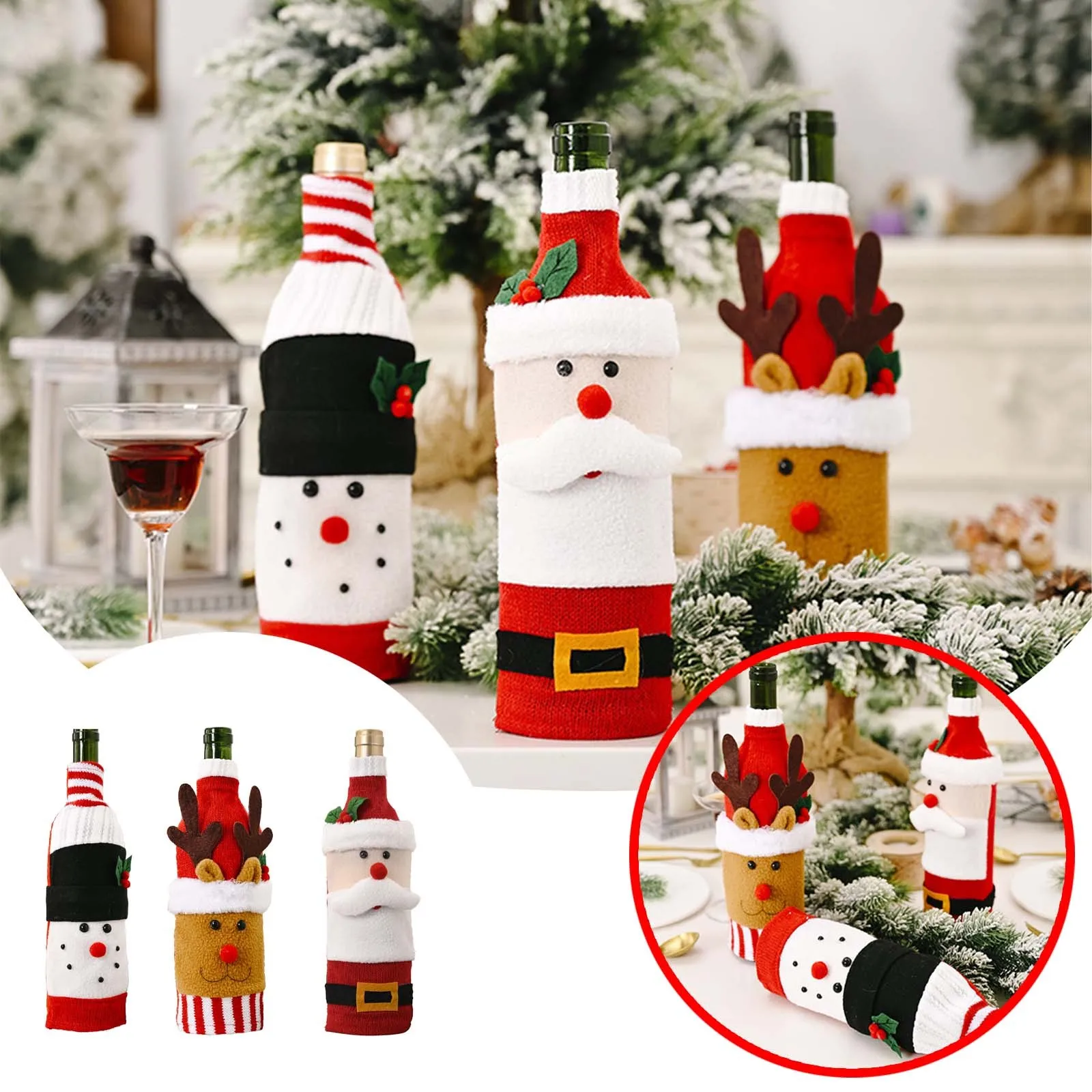Christmas Decoration Supplies Knitted Flannel Cartoon Wine Bottle Set Old Man Snowman Wine Bottle Bag Red 4 Wine Glasses Set