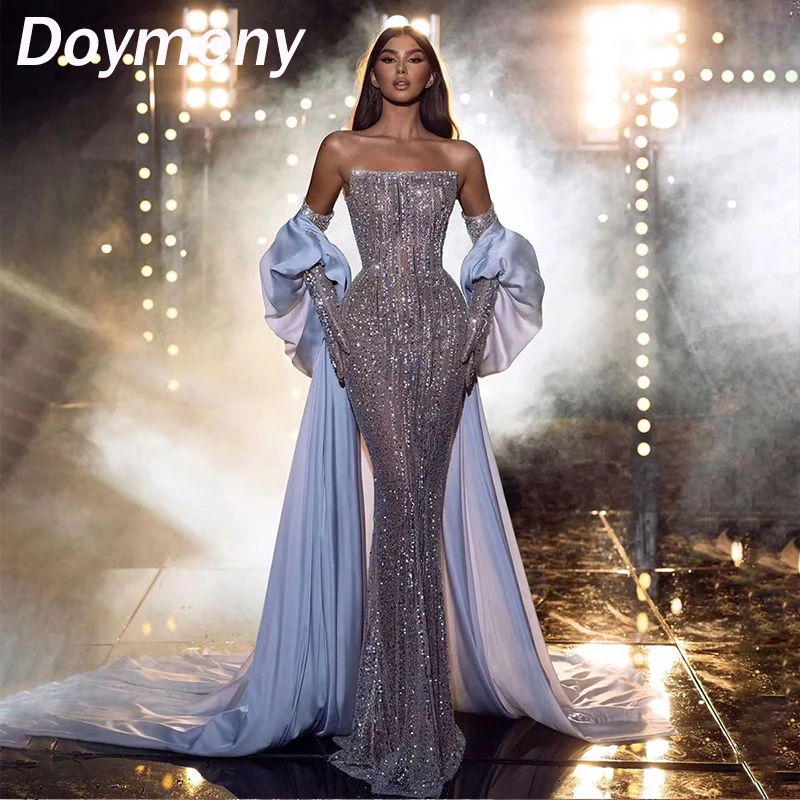 

Doymeny женские блестящие Выпускные платья с бусинами рукава с воздушным шариком коктейльное платье русалки без бретелек Элегантное Формальное вечернее платье