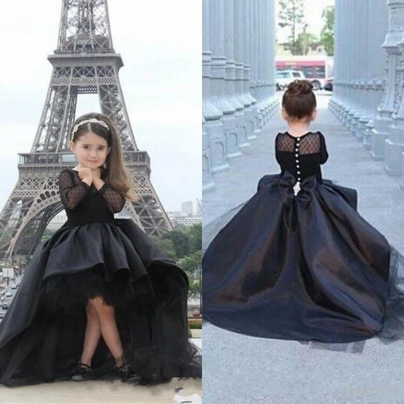 

Long Sleeves Girls Pageant Dresses Black High Low Mother And Girl Dress Flower Girl Dresses For Teens Formal Holy Communion Gown