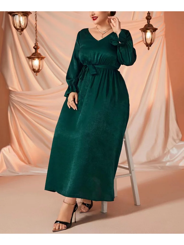 Large size solid colo new elasticated waist slim dress women's wear long sleeve plus size women clothing party dresses
