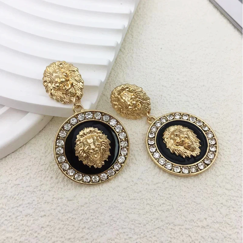 

Punk Embossed Lion Head Drop Earrings for Women Vintage Gold-plated Rhinestone Dripping Oil Earrings Fashion Jewelry Gifts