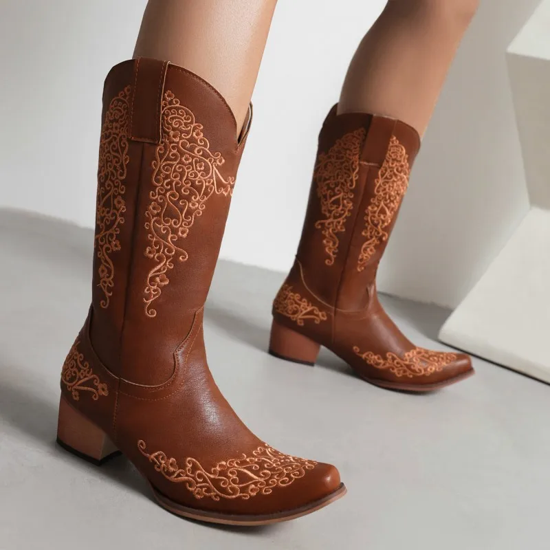 

Jiovodo Female Printing Flower Mid Calf Boots For Women Cute Cowgirls Cowboy Chunky Heel Vintage Fashion Punk Western Boots