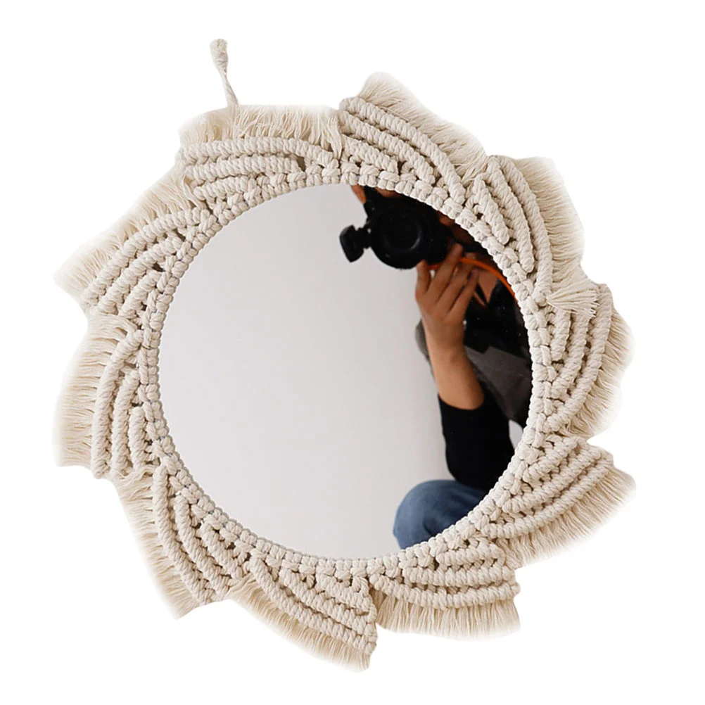 

Mirror Wall Decor Hanging Macrame Woven Mirrors Makeup Decorative Mounted Round Bedroom Weaving Decoration Farmhouse Delicate