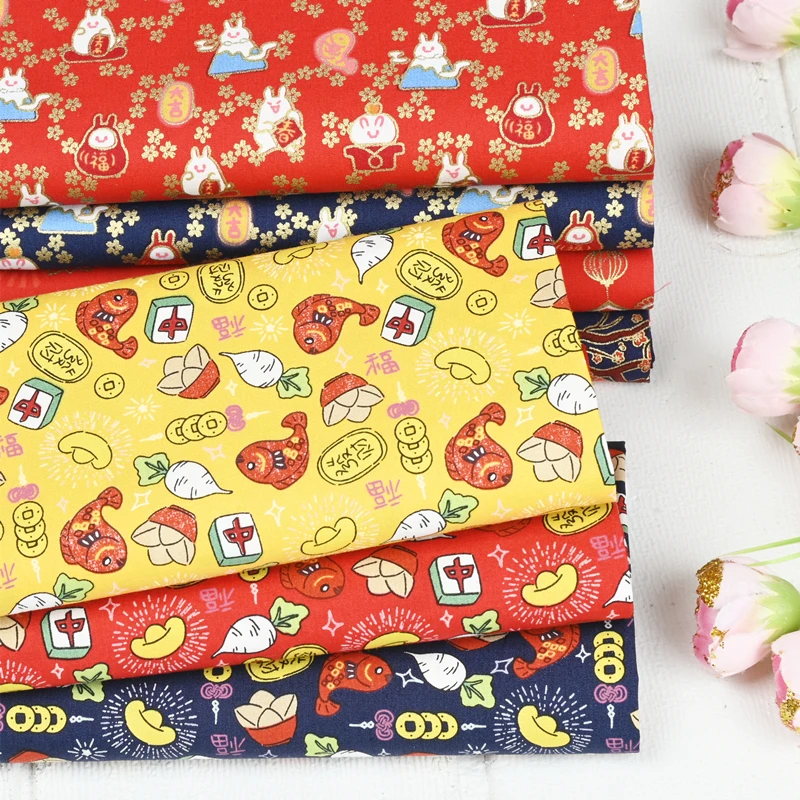 

Half Yard Thin Pure Cotton Fabric With New Year Rabbit Print, Handmade DIY Bag Red Envelope Garment Children Cloth CR-1696