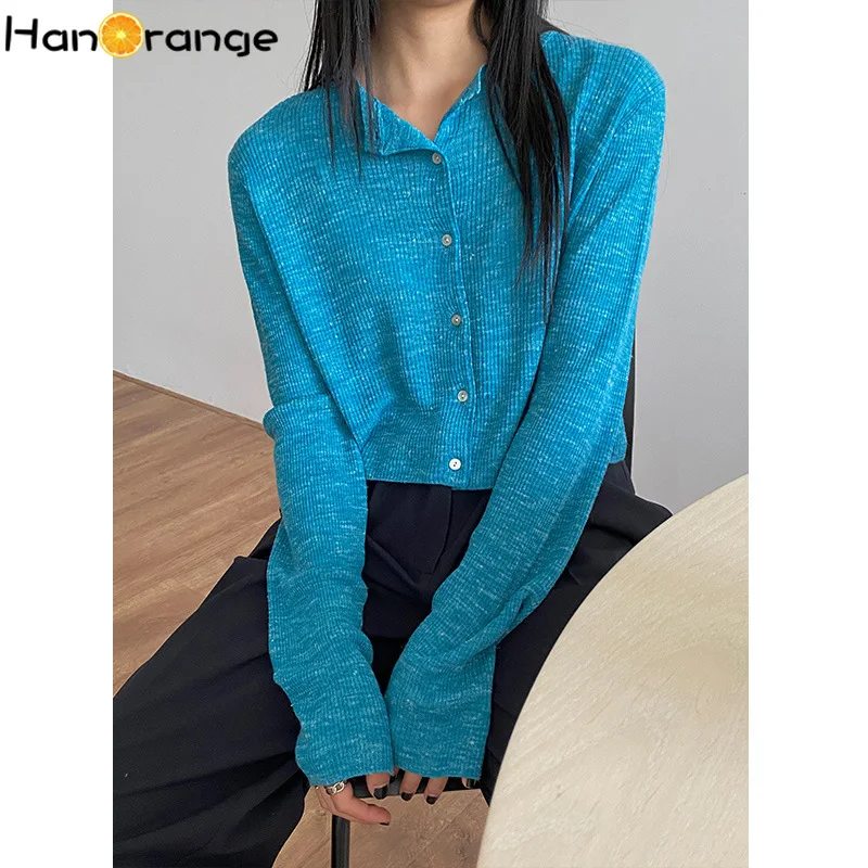 

HanOrange белый укороченный Топ для женщин, короткий эластичный вязаный кардиган, футболка для женщин, 2022 Весенние футболки