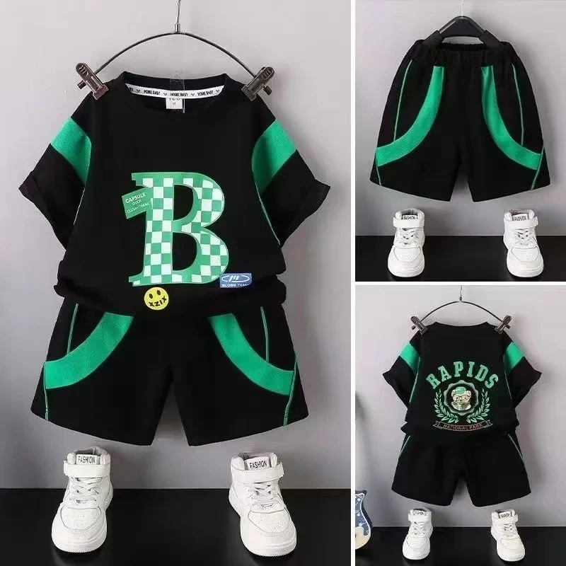 

Short Sleeve Set Summer Teen Children Clothing Fashion Kids Boys Dancewear Clothes Letter Pullover Tops+Pants Tracksuit Bebes