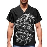 black shirt for men summer button down short sleeve lapel shirt polynesia tribal dragon pattern print mens short sleeved shirt