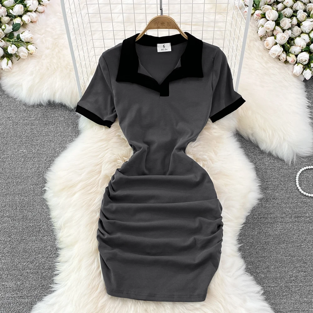 

2022 Summer New Sweet and Hot Collision Color Polo Collar Small Sub Slim Pleated Thin Package Hip Dress Women Bodycon Dress