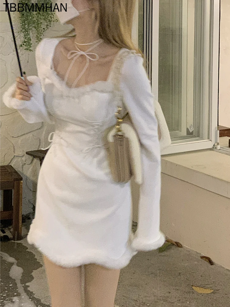 

White Mini Dress Party Women Casual Fur Knit Dress Lolita Female Kawaii Clothing Vintage One Piece Dress Korean Spring