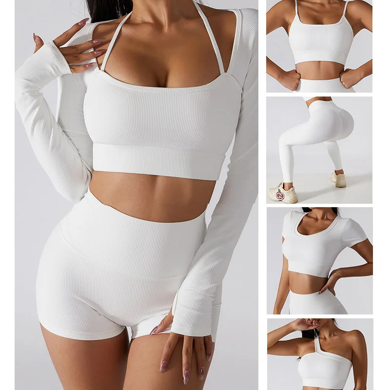 

Women Sports Yoga Long Sleeve T-Shirts Fitness Ribbed Gym Clothes Female Running Push Up Hips Shorts Tight Workout Bra Leggings