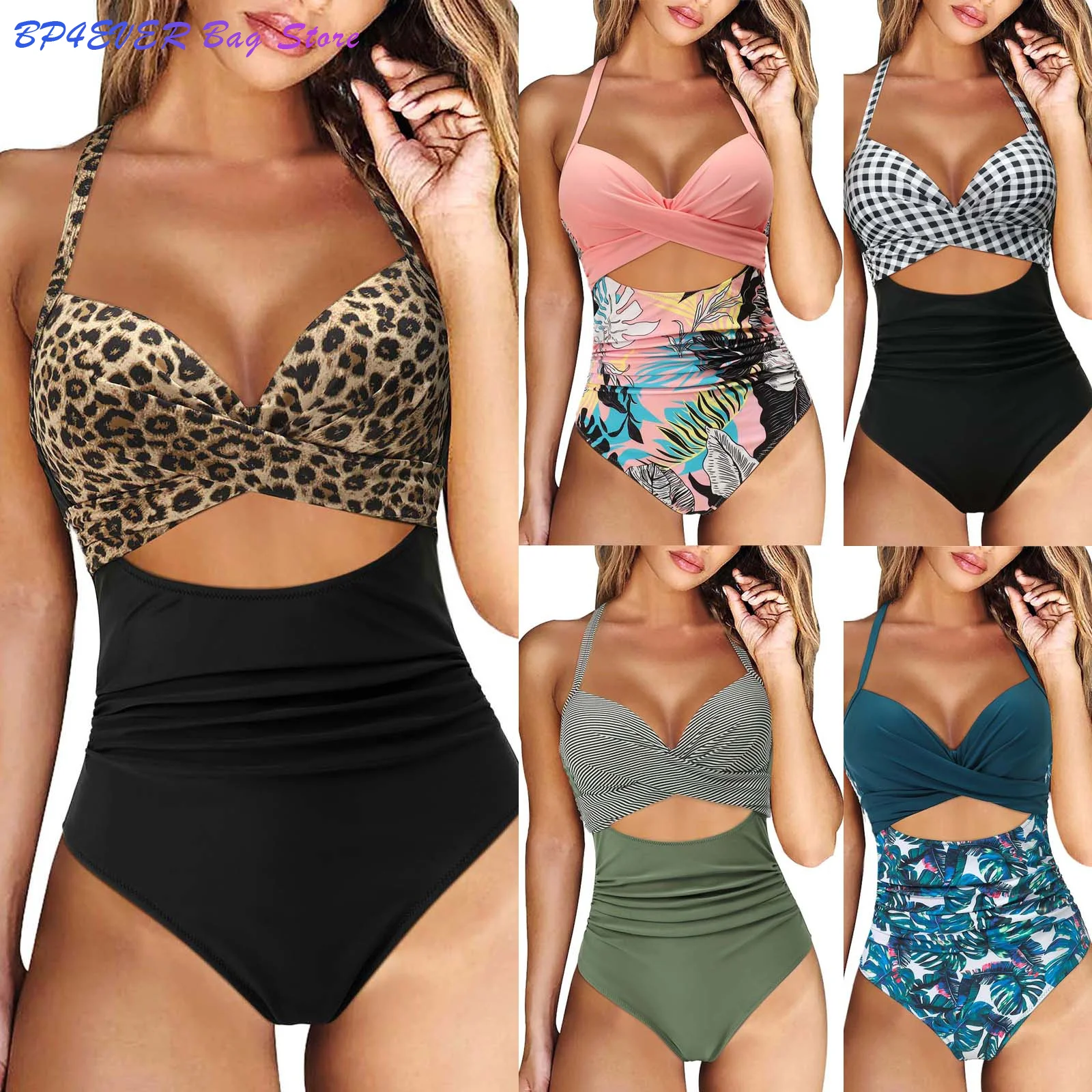 

Feitong Women Wrap Push Up One-piece Leopard Fashion Swimsuit Bathing Suit Swimwear High Waist Monokini Trajes De Baño Mujer