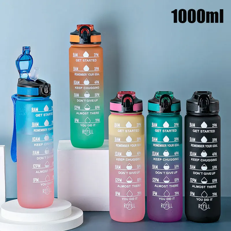

1L capacity water bottle with bounce cap time scale high temperature resistance drop resistance sports straw water bottle