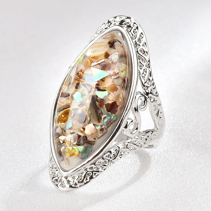 

Elegant Colorful Shell Big Stone Resin Rings For Women Jewelry Vintage Oval Finger Ring Artificial Coral Accessories F4P448