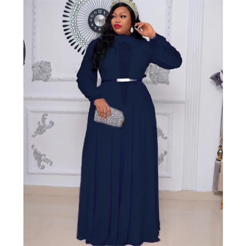 African Dresses For Women Long Sleeve Casual Robe Solid Chiffon Maxi Dress Muslim Ethnic Wear 2023 Elegant Embroidery Vestido