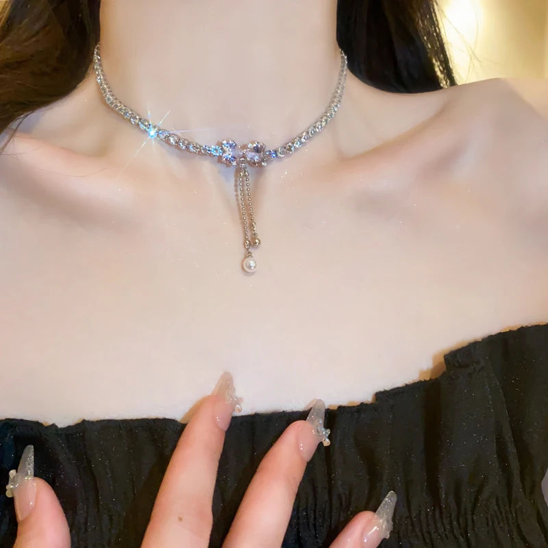 

DREJEW Popular Cubic Zirconia Bowknot Collarbone Chains Imitate Pearls Chain Tassel Pendant Necklace Daily Versatile Jewelry