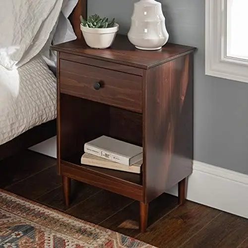 

Wood 1 Drawer Nightstand Side Table Bedroom Storage Drawer and Shelf Bedside End Table, 18 Inch, Walnut