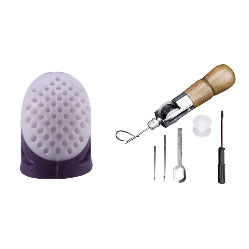 

Household Sewing Diy Tools Thimble Finger Protector Quilting(Big Purple) & Wood Handle Leather Sewing Awl Kit