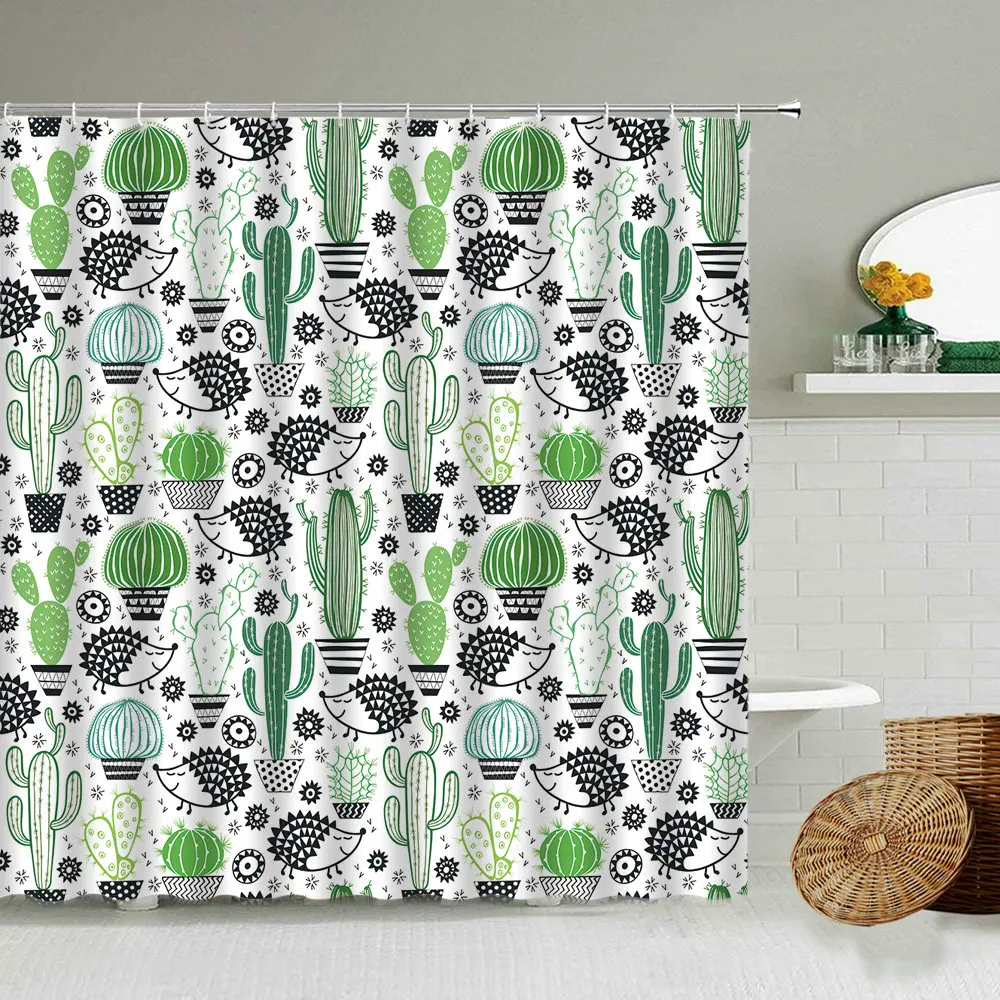 

Занавеска для душа с изображением зеленых кактусов, суккулентов, ежиков, животных, забавная занавеска для ванной комнаты, домашний декор