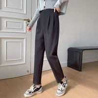 korean version high waist woolen casual pants womens new harajuku loose slim nine point pants female solid color black 61e