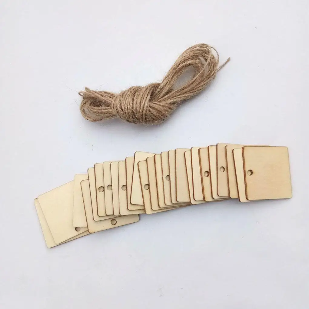 

25pcs Natural Wood Chip Tag DIY Crafts Decoration Birthday Party Wedding Wooden Tag Pendant Home Decoration With 10m Hemp Rope