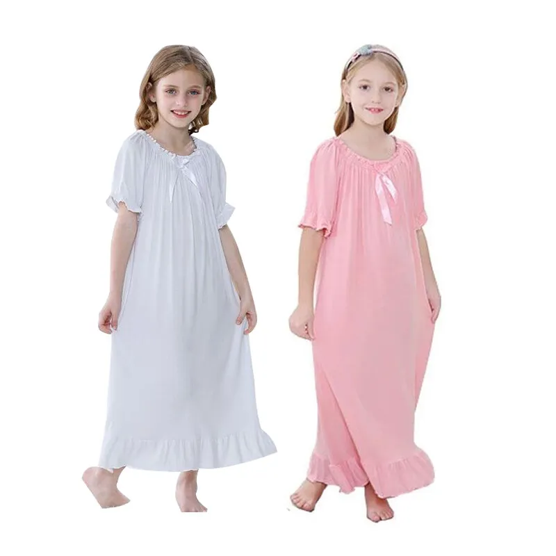 Girls Pajama Dress Summer Lace Short Sleeve Girls Nightgown Modal Fashion Princess Sleepwear Baby Nightdress Home Clothes 3-10T