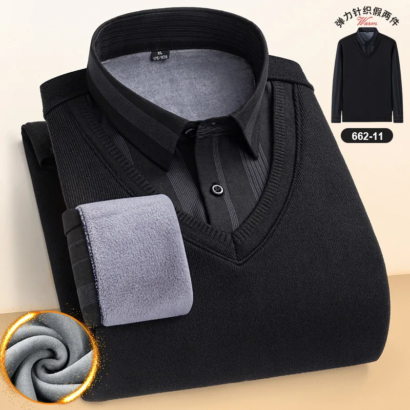 Fake Two Piece Warm Shirt Long Sleeve V-neck Pullover Plush Sweater Middle Aged Vertical Stripe Autumn Winter Thickened Sweater