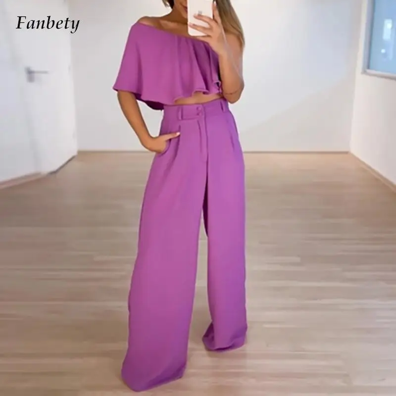 

Fashion Off Shoulder Loose Two Piece Suits Casual Backelss Solid Simple Sets Sexy Skew Collar Ruffle Tops and Long Pants Outfts