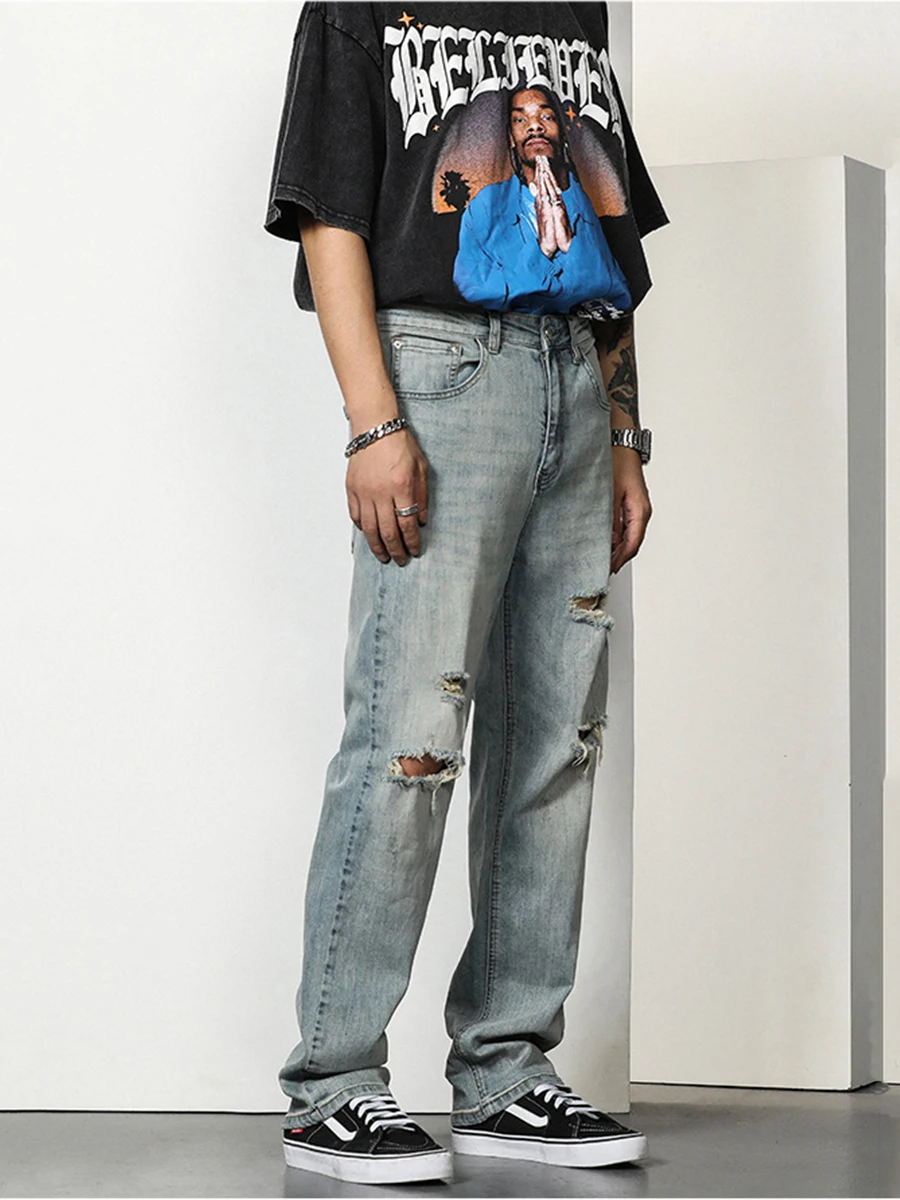 Trendy Ripped Jeans Men's Straight-leg Distressed Denim Trousers Teen Retro Korean Ripped Streetwear Men's Ins Hot Selling Denim