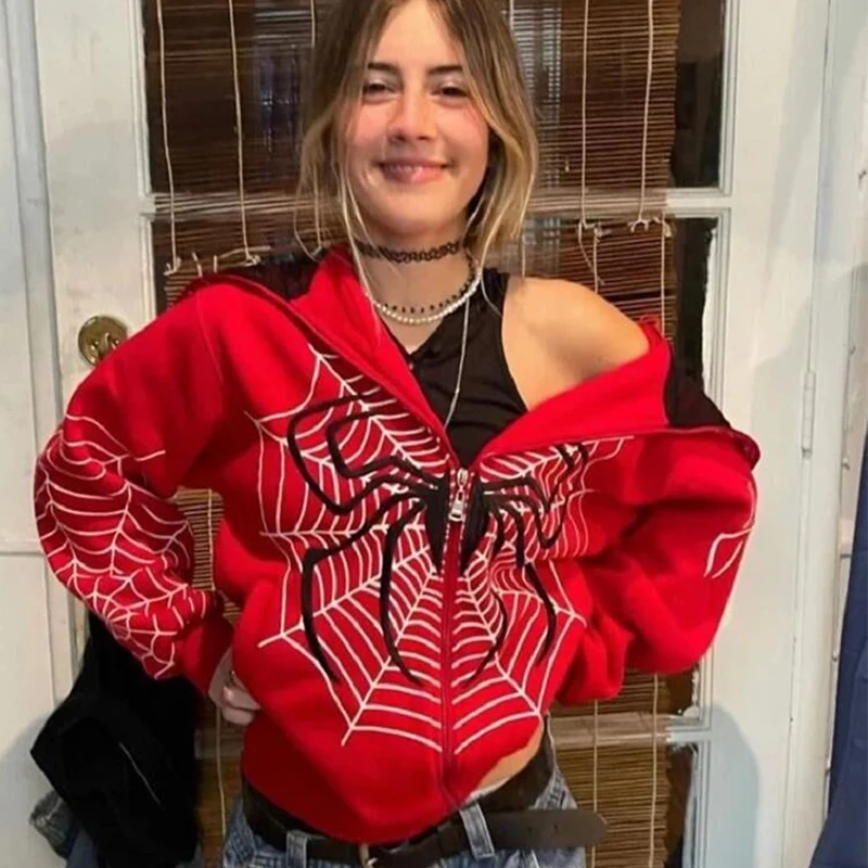 

Женская толстовка в стиле Харадзюку, Красная толстовка с капюшоном, на молнии