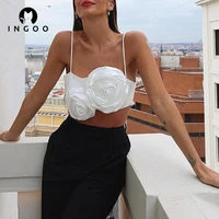 ingoo 3d flower gown spaghetti strap white elegant tops for women summer party clubwear sexy sleeveless backless top with zipper