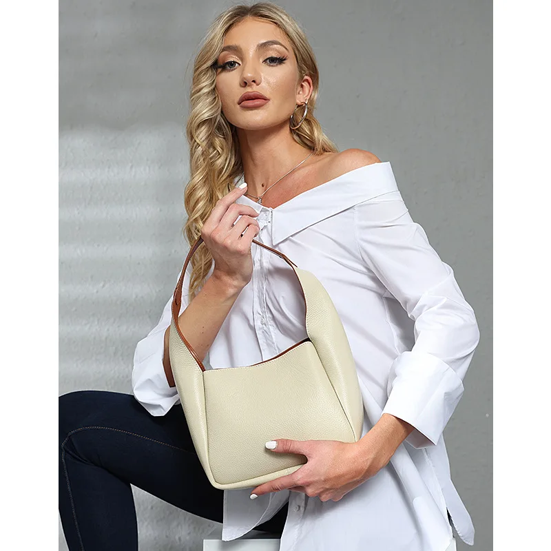2023 new head layer lychee grain tote bag fashion shoulder armpit bag female vegetable basket bucket bag