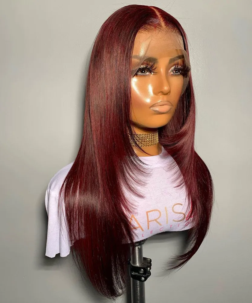 

Straight Natural Glueless Burgundy Soft 26Inch Long Wine Lace Front Wig For Black Women Babyhair Preplucked Heat Resistant Fiber