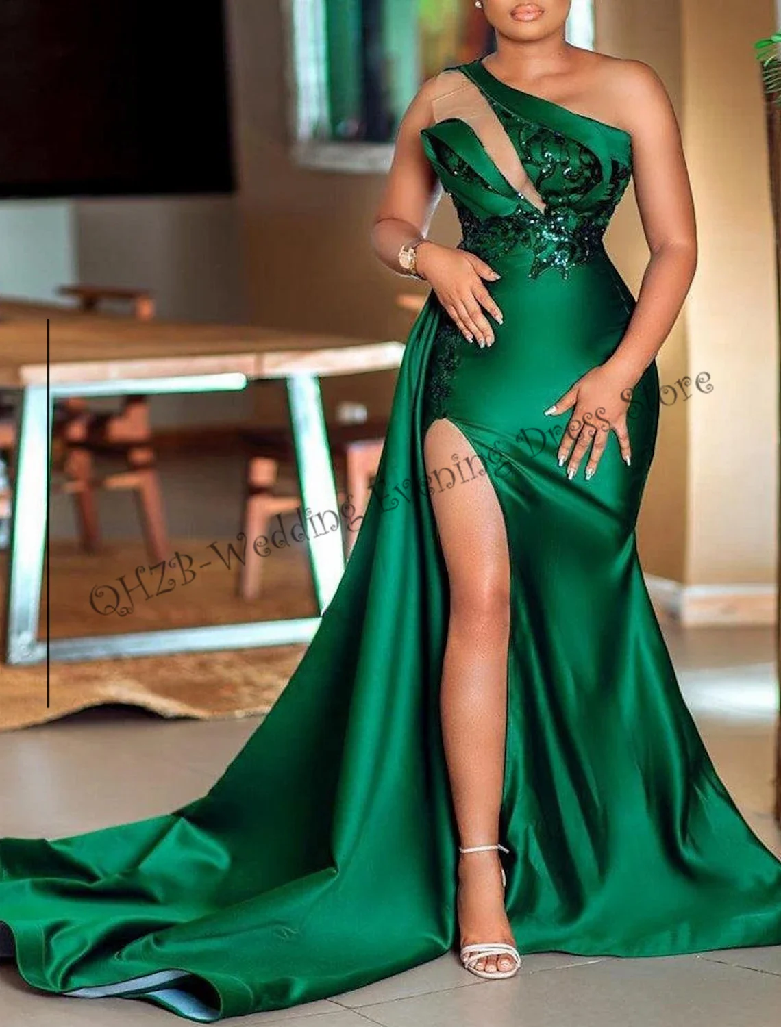 

Mermaid / Trumpet Court Train Sleeveless One Shoulder Charmeuse with Sequin Slit Floor Length Woman Formal Evening 2023