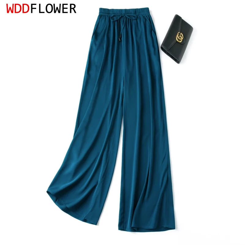 Women Long Pants 93% Mulberry Silk 7% Spandex Solid Color Peacock Blue Pocket Wide Leg Fashion Long Trousers Elastic Waist MM938