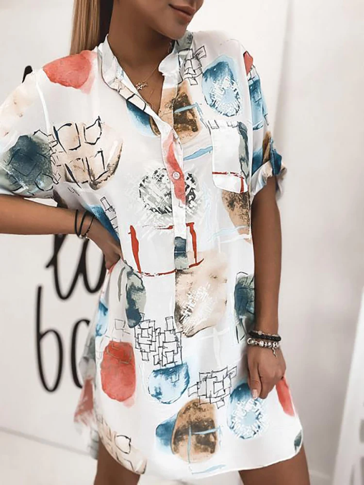 

Женское Повседневное платье-пуловер на пуговицах, модное винтажное свободное платье с рисунком чернил и короткими рукавами, летнее платье