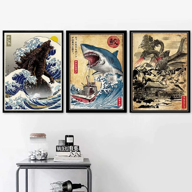

Anime Poster Japanese Monsters Canvas Painting Huge Waves Shark Comic Wall Art Pictures Kids Room Gifts Home Wall Decor Cuadros