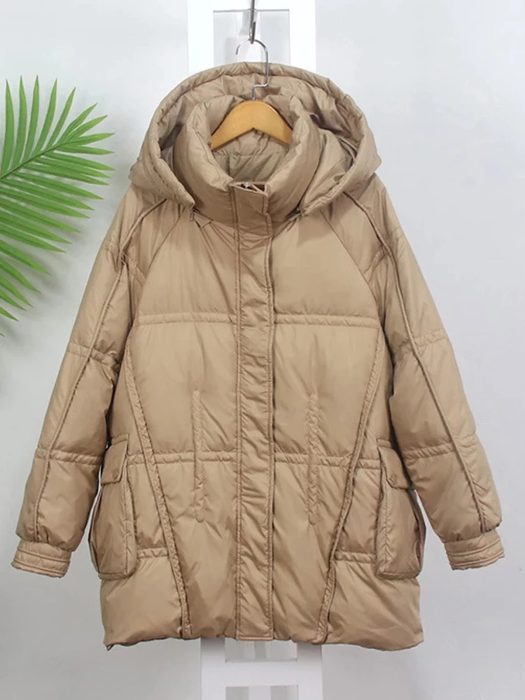 Women White Duck Down Jacket Loose Casual Thick Winter Warm Outwear with Removable Hood Over Size Coat Korean Style Puffer Parka