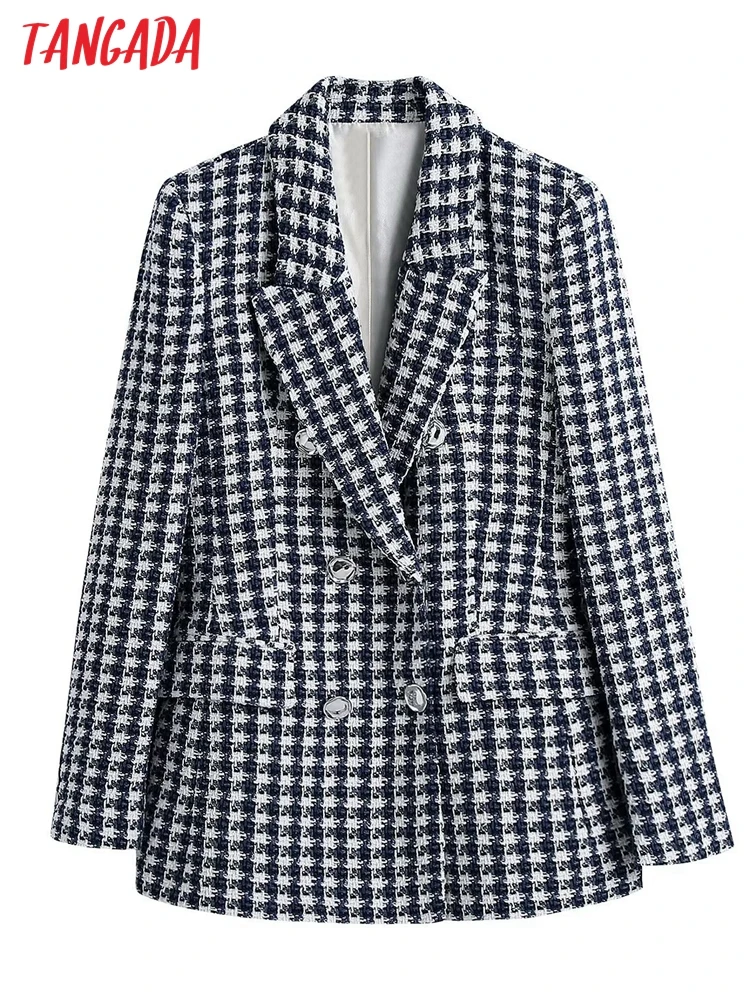 

Tangada Women Fashion Tweed Double Breasted Blazer Coat Vintage Long Sleeve Flap Pockets Female Outerwear BE811