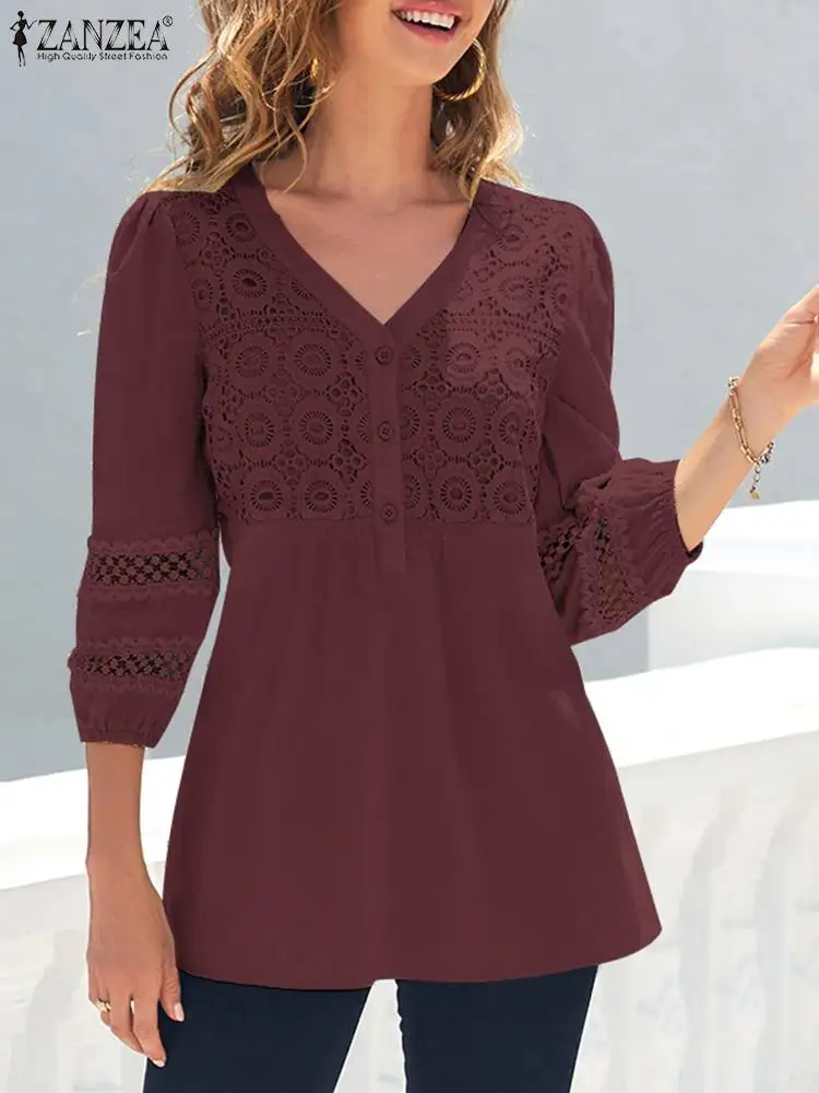 

ZANZEA Bohemian Lace Patchwork Shirt Woman Vintage Loose Tops Summer Casual 3/4 Sleeve V-Neck Blouses Ladies Elegant Blouse 2023