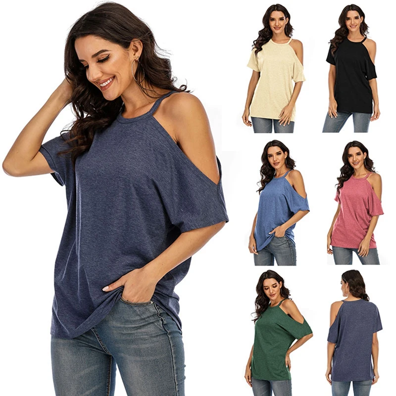 

Women's Fashion Casual Solid Color Round Neck Strapless Short Sleeve T-Shirt Top