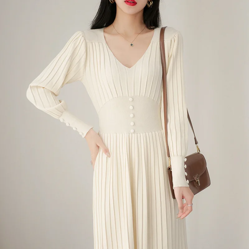 

French V-neck Hepburn Style Knitted Waist Dress 2022 Autumn and Winter Women's Foreign Trade Bottoming Sweater Skirt