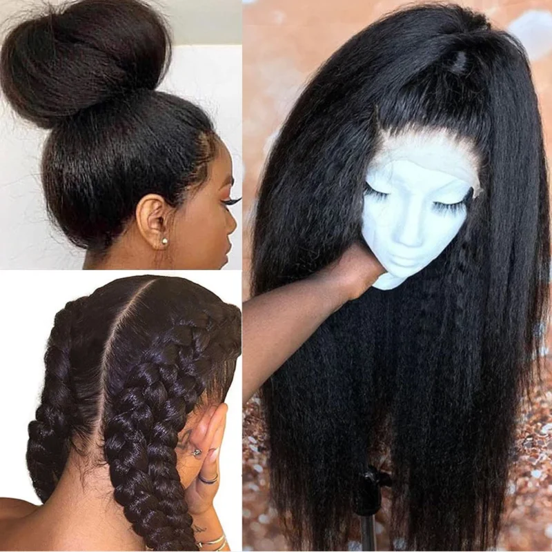 

Мягкий плотный парик Yaki 200, 26 дюймов, натуральный черный кудрявый прямой длинный парик на сетке спереди для африканских женщин с детскими волосами, без клея
