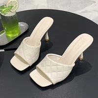 marian sqaure toe red quilted mule heels shoe black pu high heel shoes women sandals sliper woman shoes zapatos mujer white blue