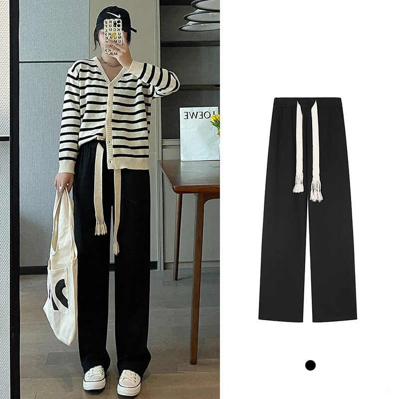 

Женские брюки в пол, черные свободные повседневные брюки с завышенной талией, прямые широкие штаны, весна 2022