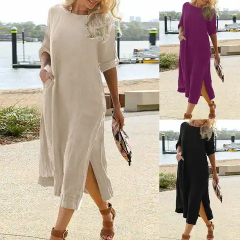 Dress Pants for Women Women Summer Dress Round Neck Loose Elegant Cotton Linen Casual Retro Long Lady's Dresses Casual